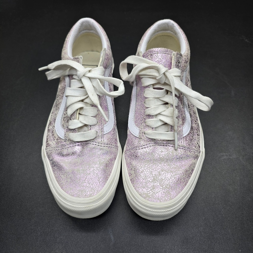 Vans Old Skool Metallic Pink Silver Cracked Leather Sneakers Womens 8 Mens 6.5